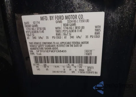 2014 Ford F-150 Xlt from USA, damaged, VIN 1FTFX1EF9EFC65433